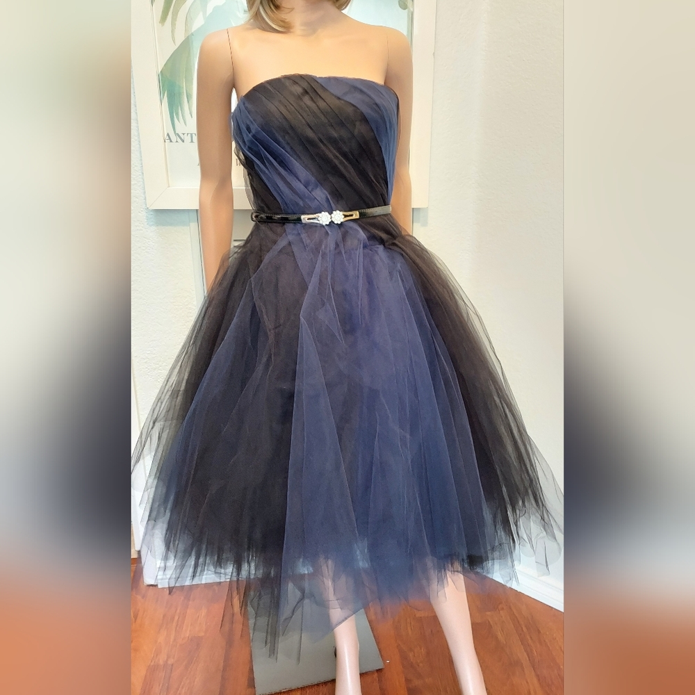 $5,700 OSCAR DE LA RENTA EXCLUS SILK LINED BLUE BLACK TULLE RUNWAY DRESS US 0 - Picture 7 of 13